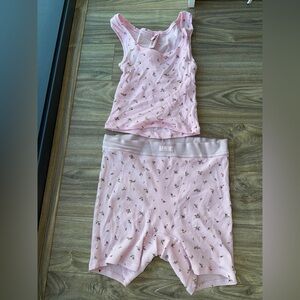 SKIMS Light Pink Floral Ribbed Tank Top & High-Waist Boxer Brief Set